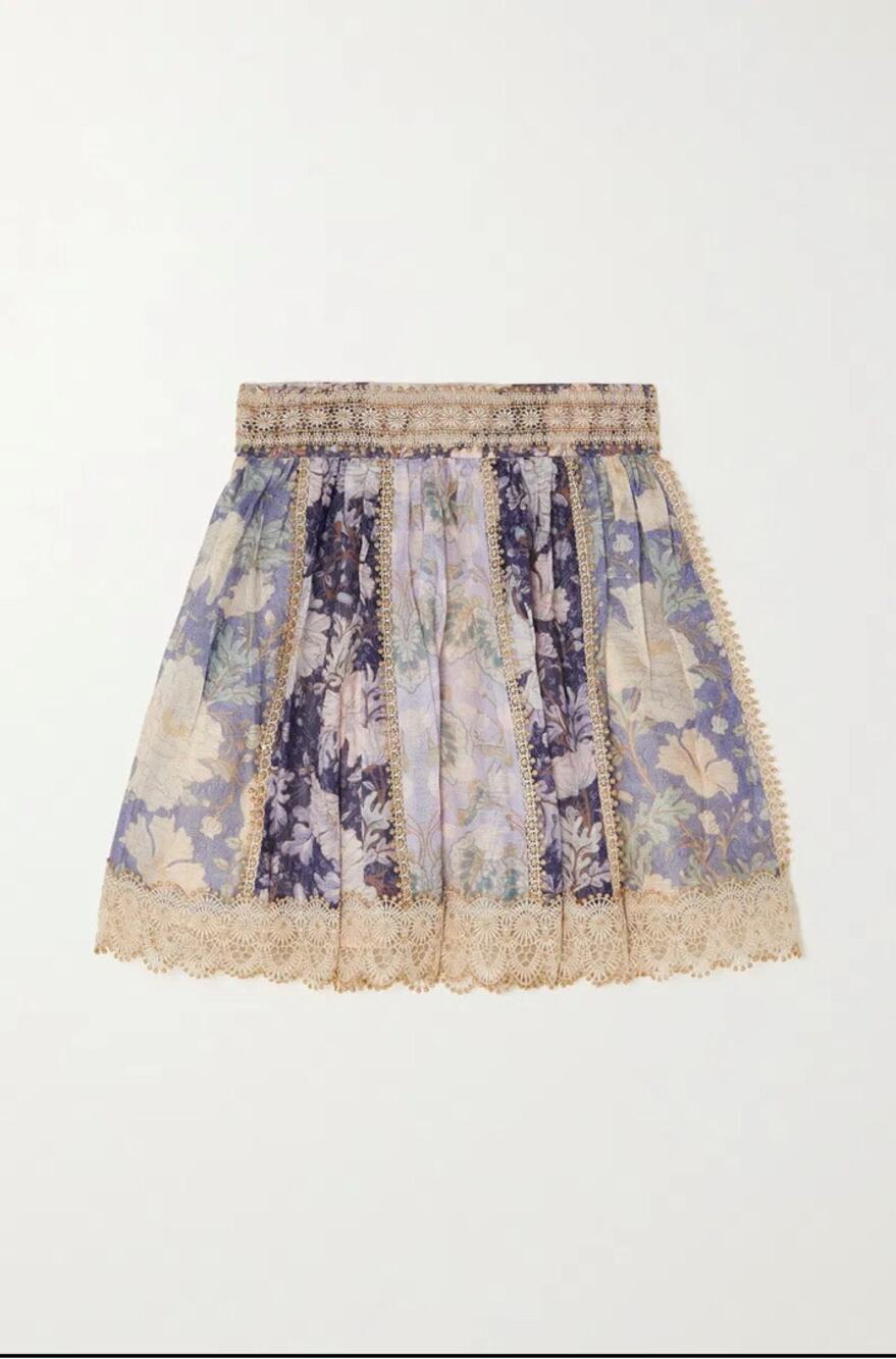 Celestial Lace-Trimmed Floral-Print Linen And Silk-Blend Mini Skirt